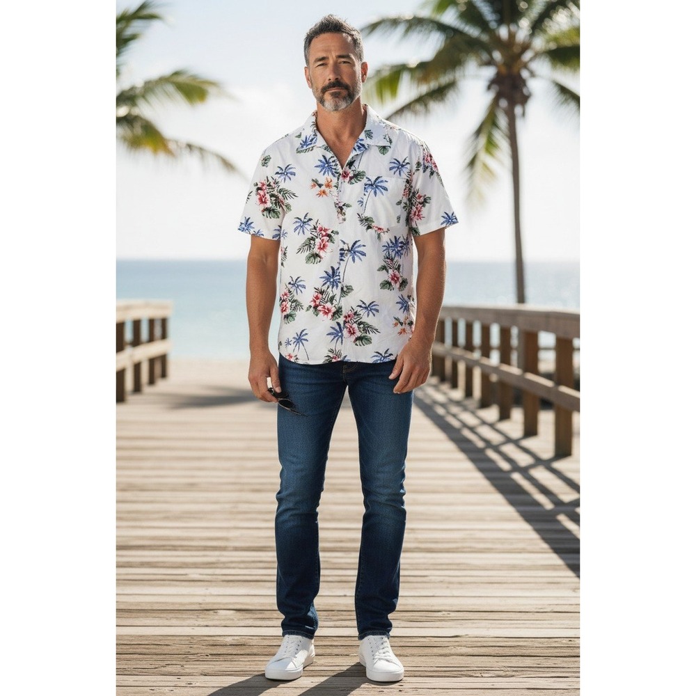 American Heritage Button Down Mens White Tropical Floral Slim Fit Large